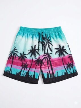 Tropical Palm Tree Sunset Swim Trunks XL Teal Pink Retro